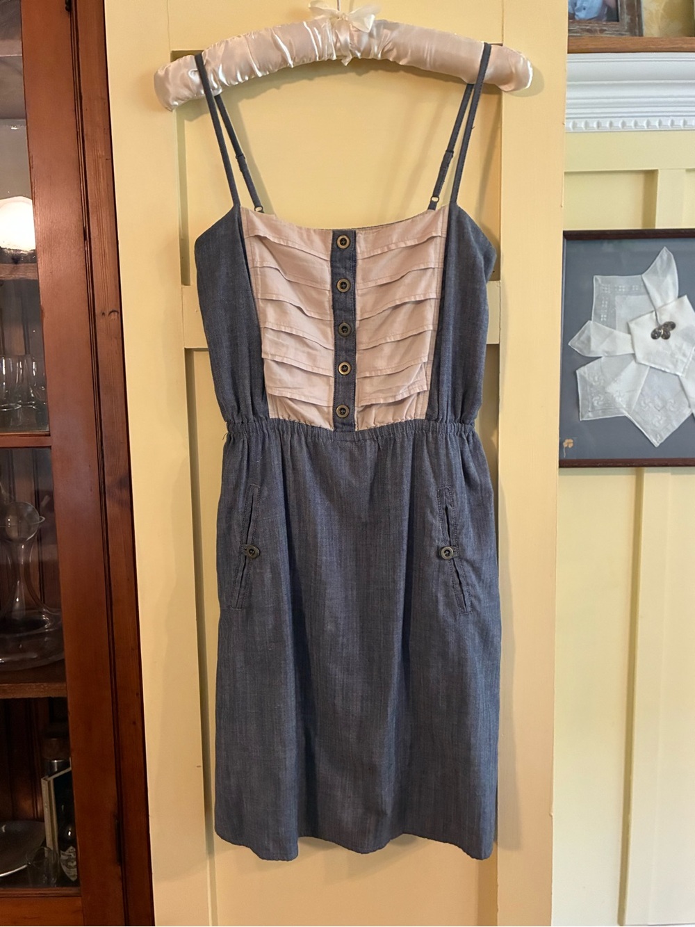 Tulle Blue Chambray Dress with Cream Pleated Bodice